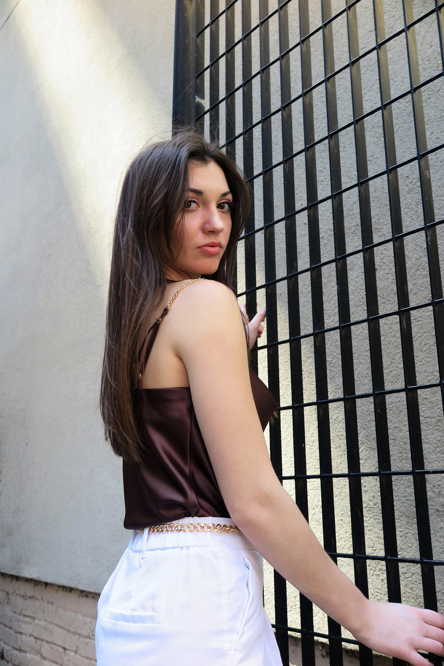 Chocolate Satin Cowl Neck Top